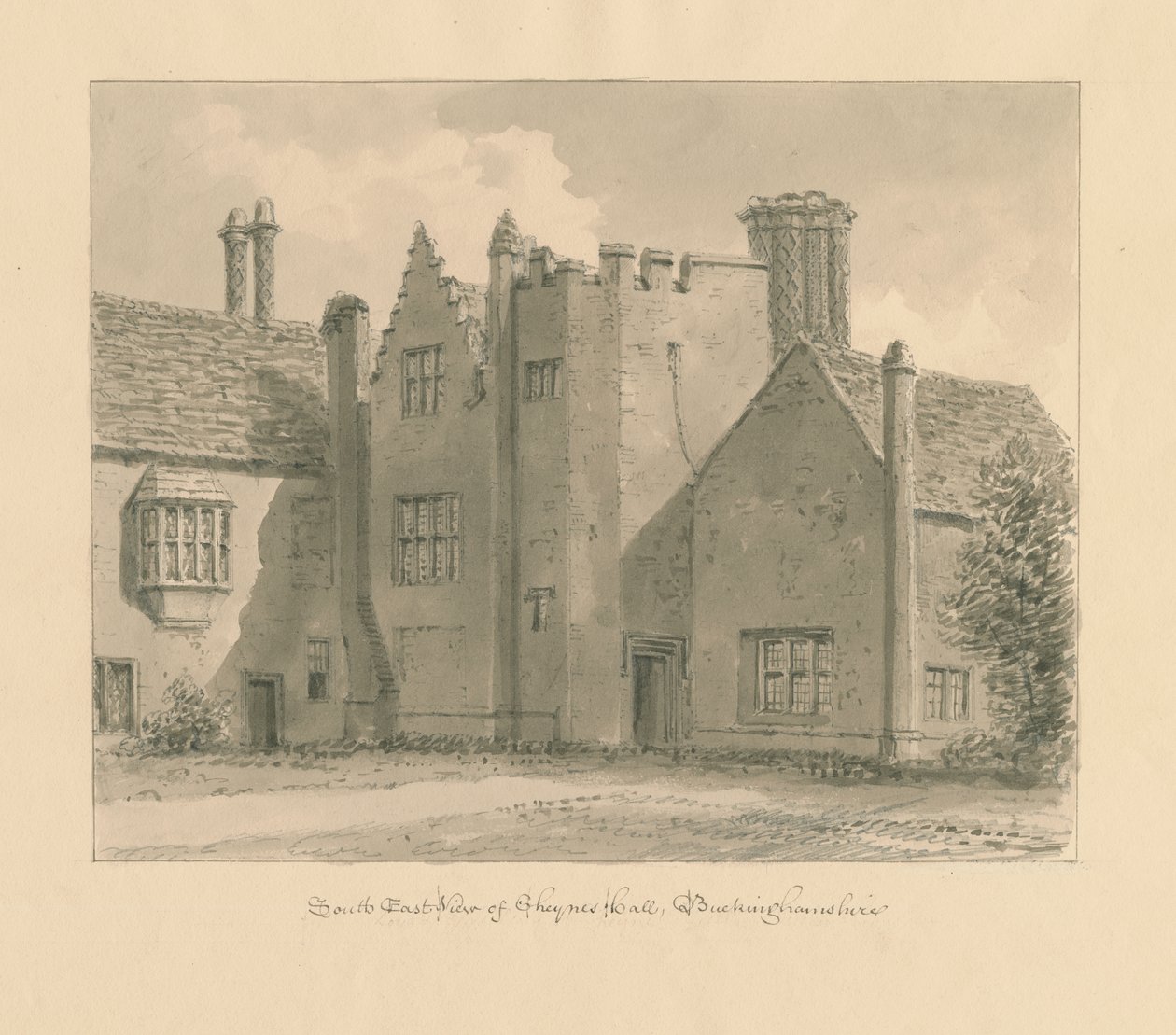 Buckinghamshire - Chenies Hall : dessin sépia, 1824 - John Chessell Buckler