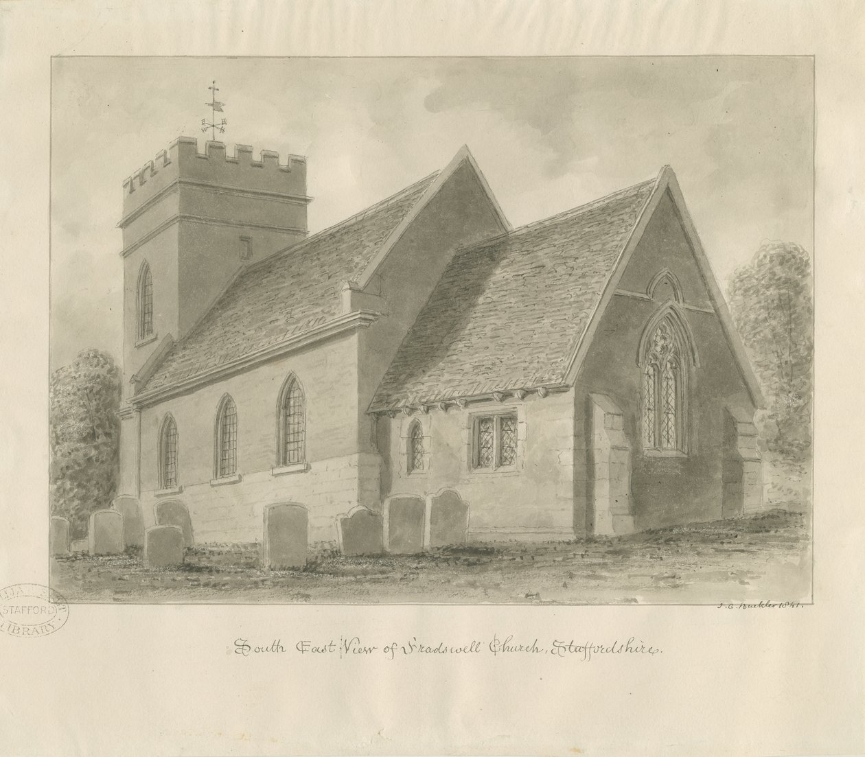 Église de Fradswell: dessin sépia - John Chessell Buckler