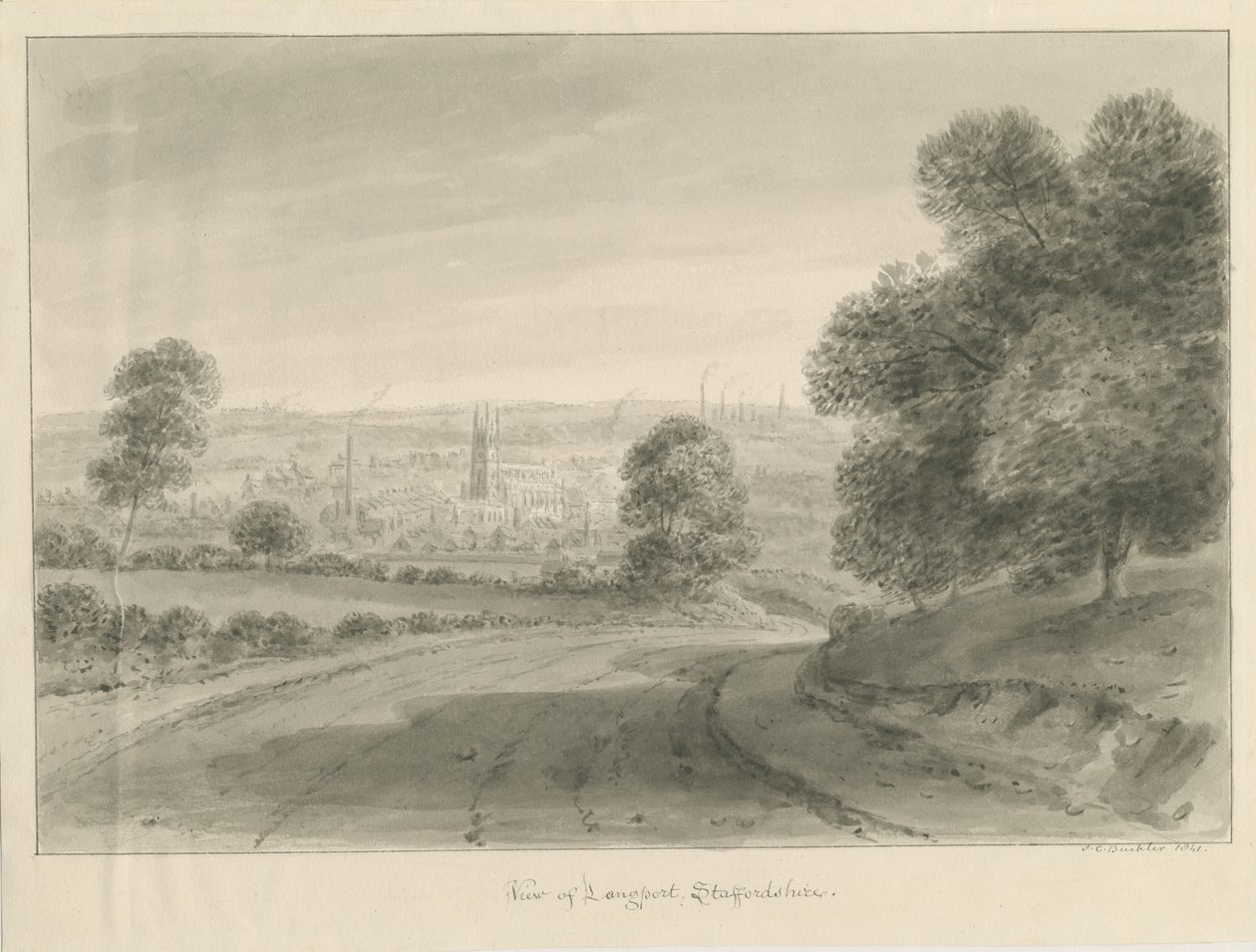 Village de Longport: dessin sépia - John Chessell Buckler