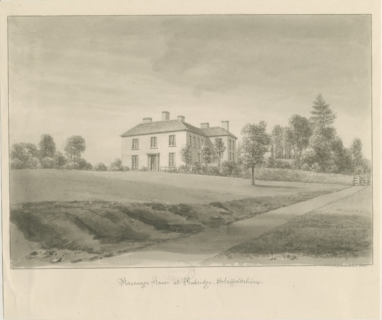 Penkridge - Maison du presbytère : dessin sépia - John Chessell Buckler