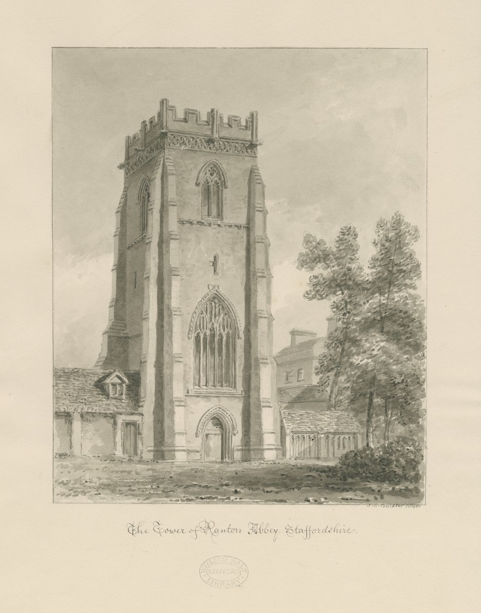 Abbaye de Ranton [Prieuré] - La tour: dessin sépia - John Chessell Buckler