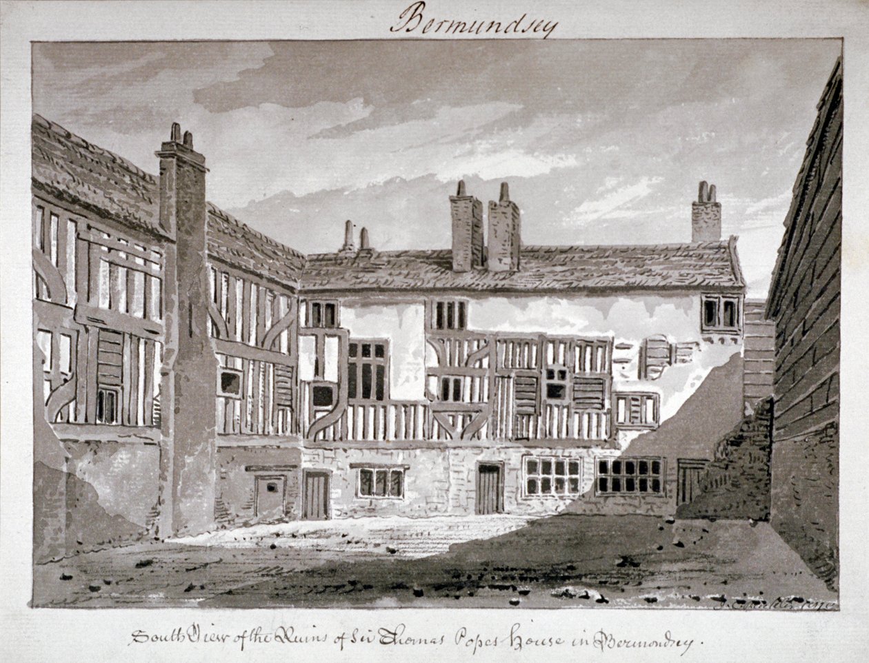 Vue sud des restes de la maison de Thomas Pope, Mill Lane, Bermondsey, Londres, 1808 - John Chessell Buckler
