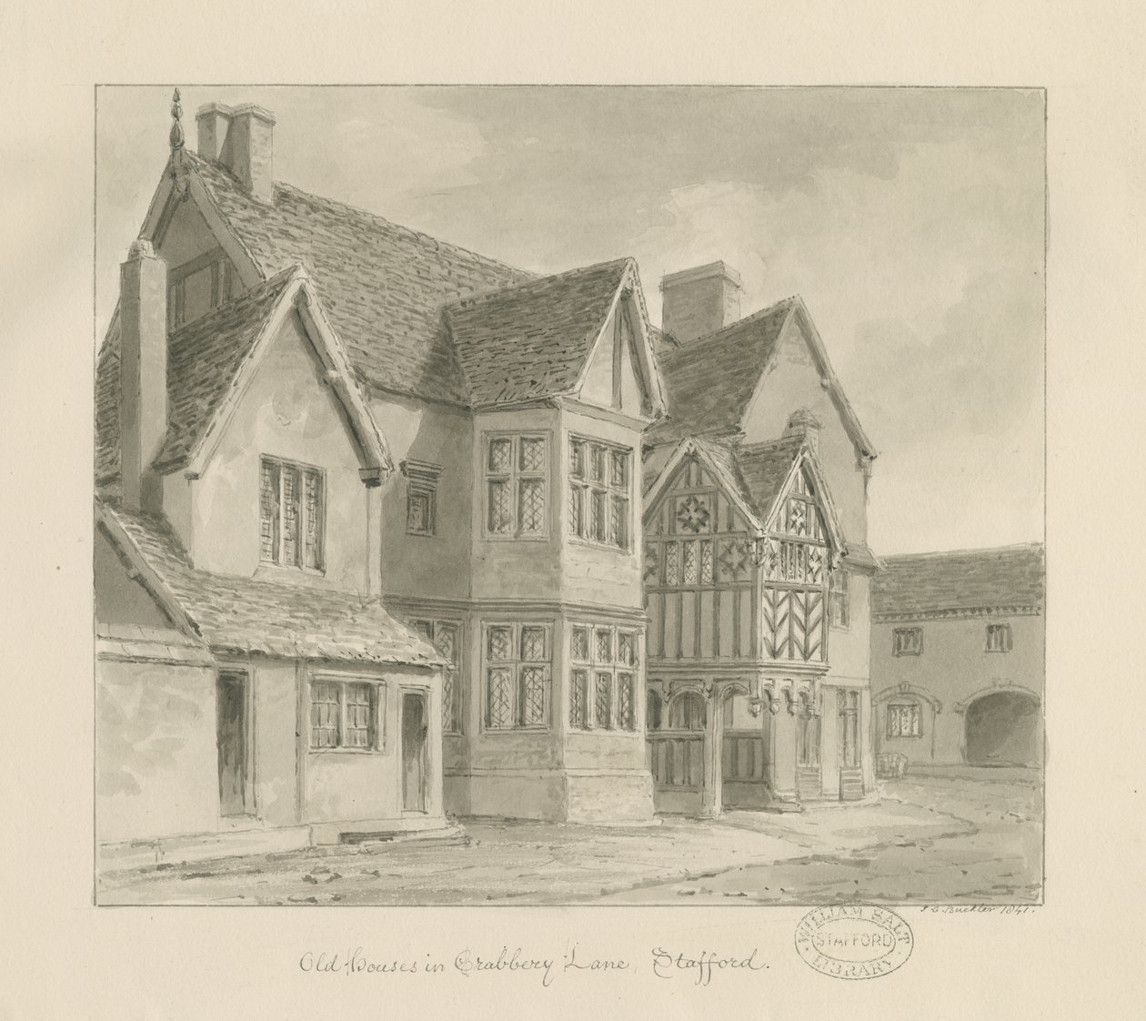 Stafford - Vieilles maisons dans Crabbery Lane (1841) - John Chessell Buckler