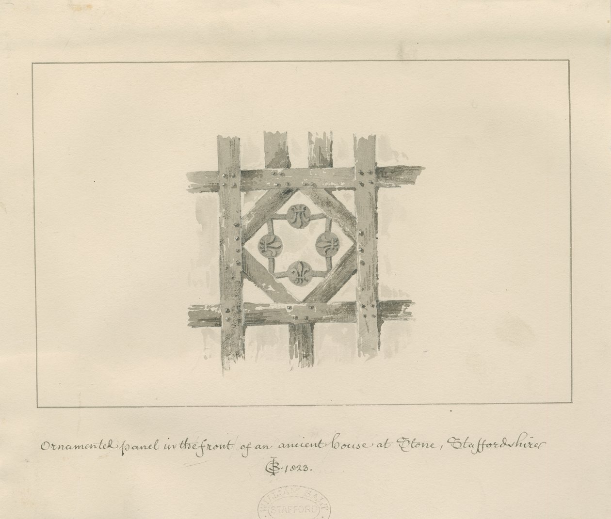 Pierre - Panneau ornemental sur une maison ancienne : dessin au lavis sépia - John Chessell Buckler