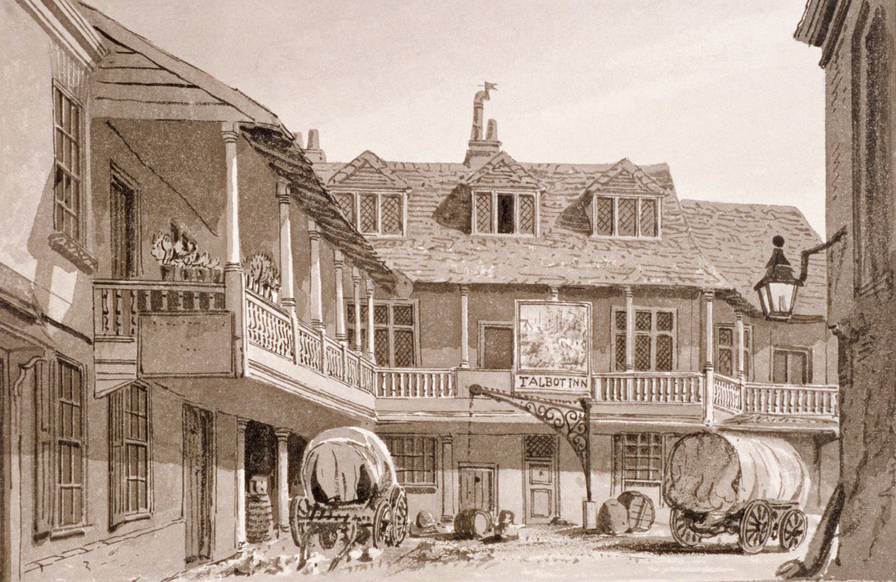 Le Tabard Inn sur Borough High Street, Southwark, Londres, 1827 - John Chessell Buckler