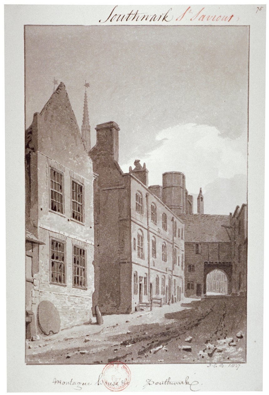 Vue vers la porte de Montague House, Southwark, Londres, 1827 - John Chessell Buckler