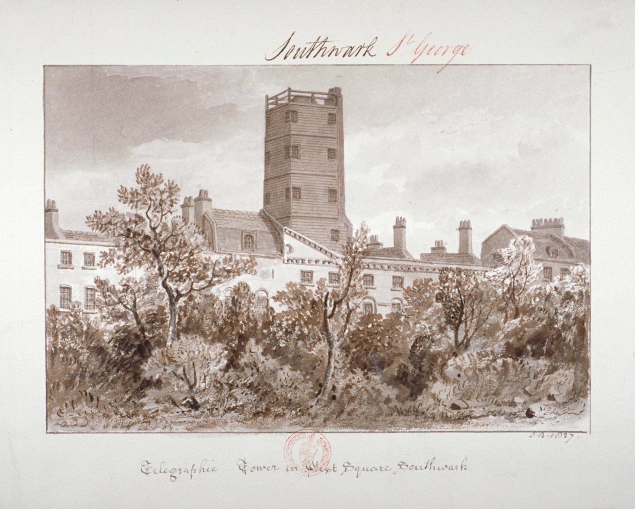 Vue de la tour télégraphique à West Square, Southwark, Londres, 1827 - John Chessell Buckler
