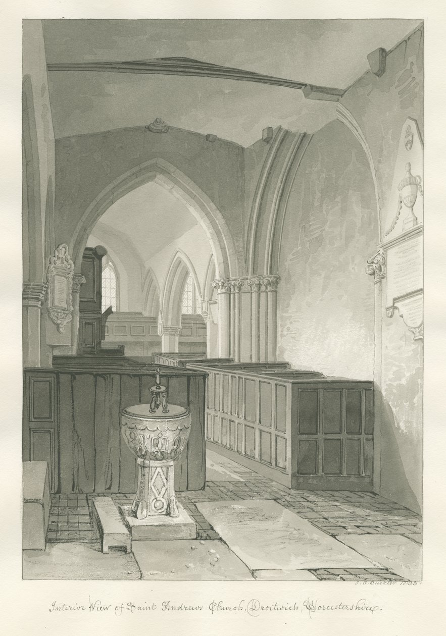 Worcestershire - Droitwich - Église Saint-André : dessin sépia, 1833 - John Chessell Buckler