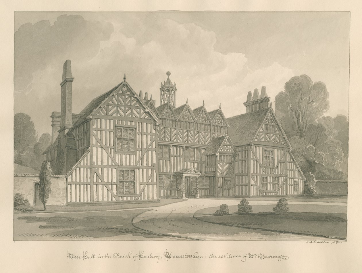 Worcestershire - Hanbury - Meer Hall : dessin sépia - John Chessell Buckler
