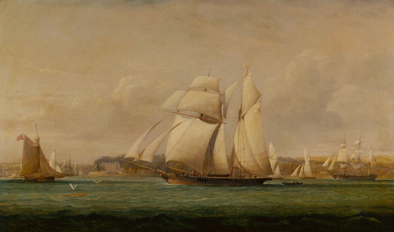 Un brick-goélette, deux cutters du Royal Yacht Squadron et un navire marchand américain - John Christian Schetky