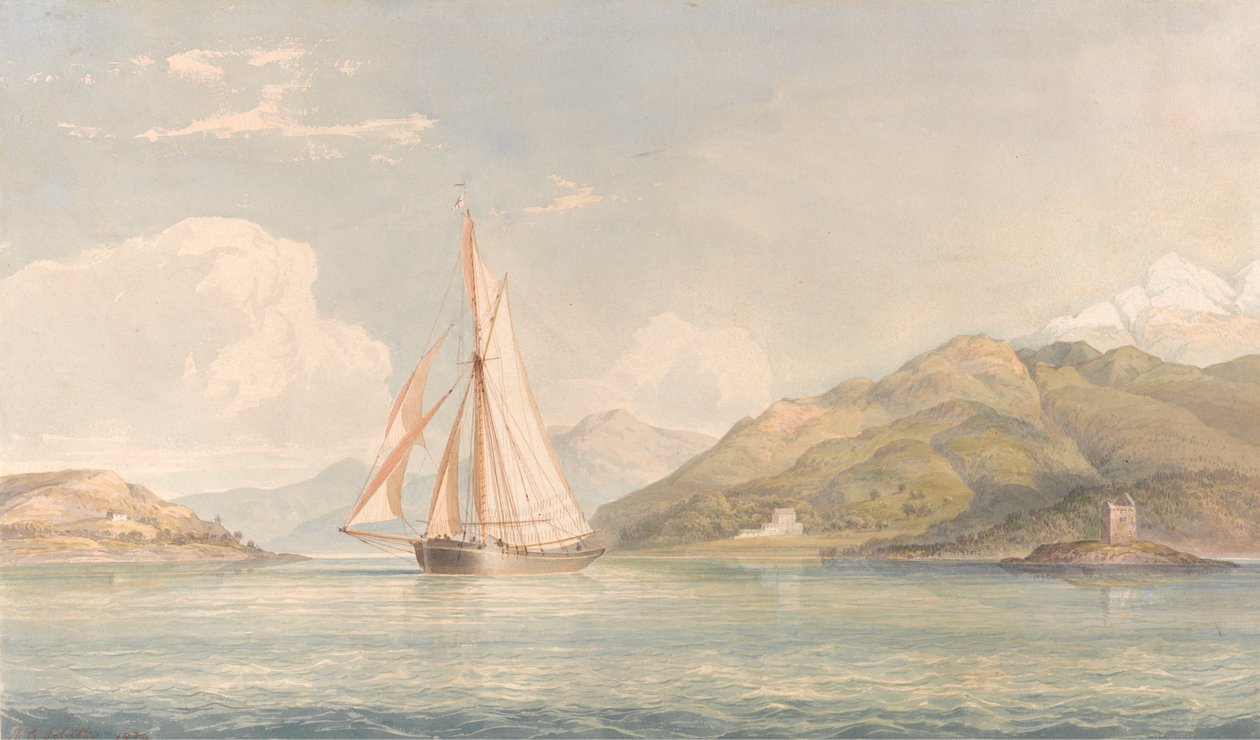 Bateau naviguant vers la gauche avec des montagnes en arrière-plan - John Christian Schetky