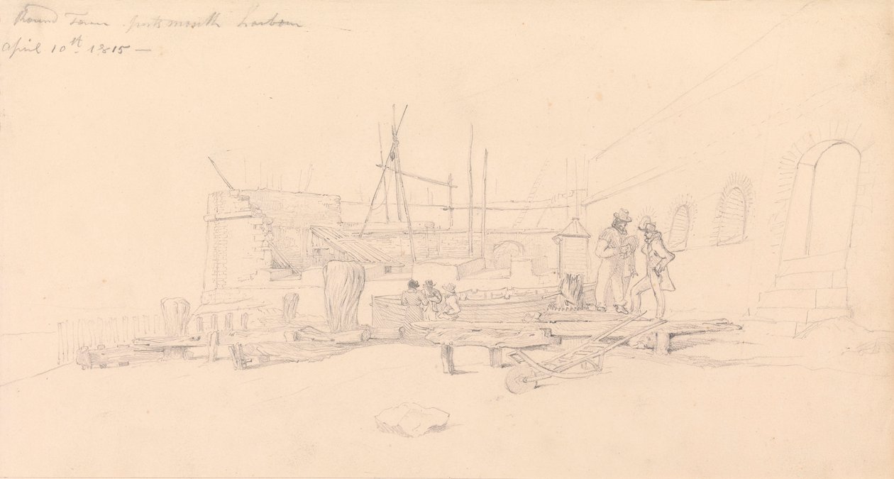 Dessin de la tour ronde, port de Portsmouth - John Christian Schetky