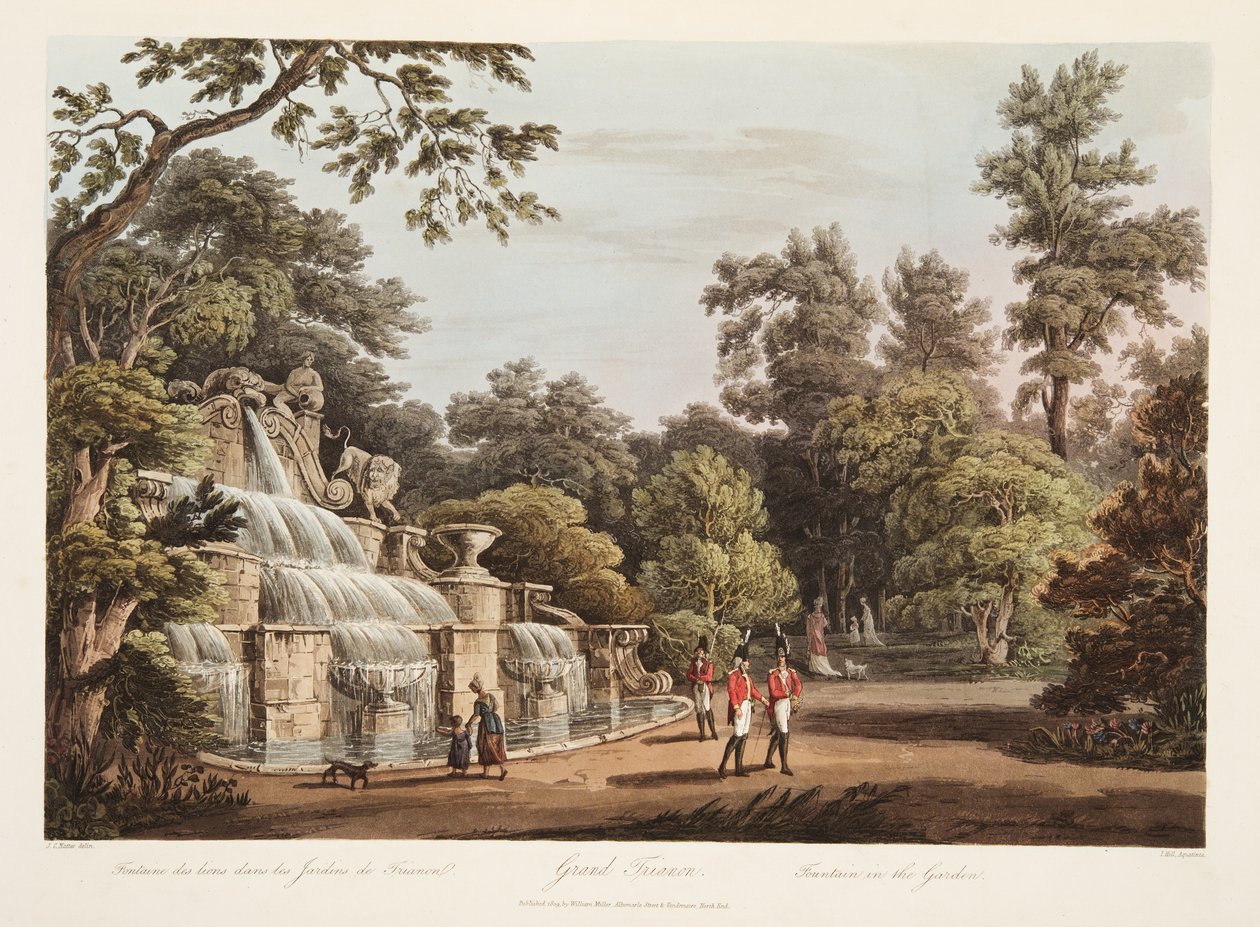 Grand Trianon, Fontaine dans le jardin, illustration de Versailles, Paris et Saint Denis, pub. 1805 - John Claude Nattes