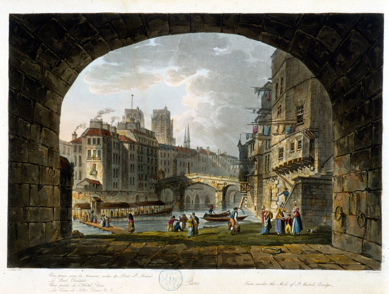 Paris: le Pont Chatelet ou le Peute Pont - dans "Paris vu par J.C. Matttes", éd. Miller, Londres - John Claude Nattes
