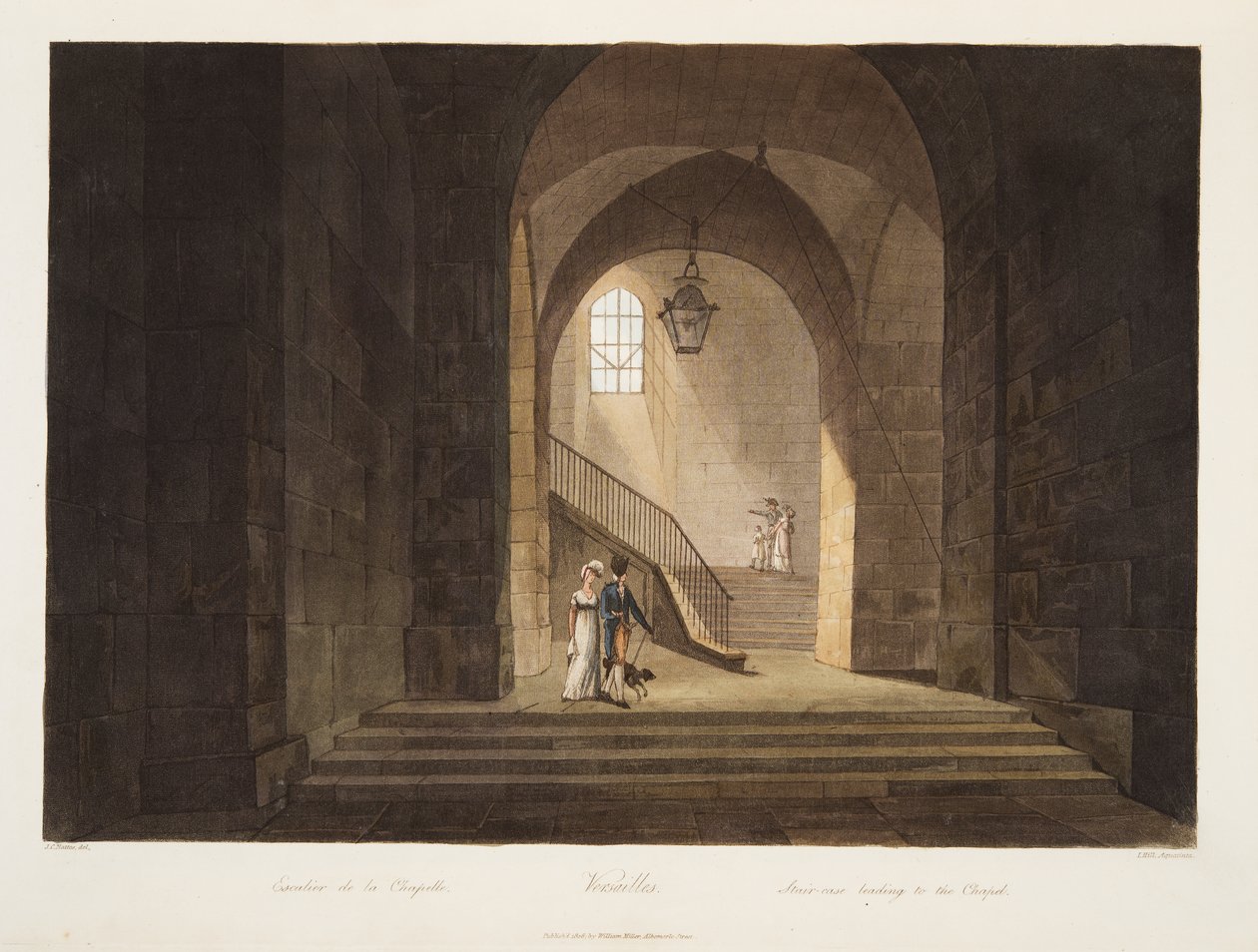 Escalier menant à la Chapelle, illustration de Versailles, Paris et Saint Denis, pub. 1806 - John Claude Nattes