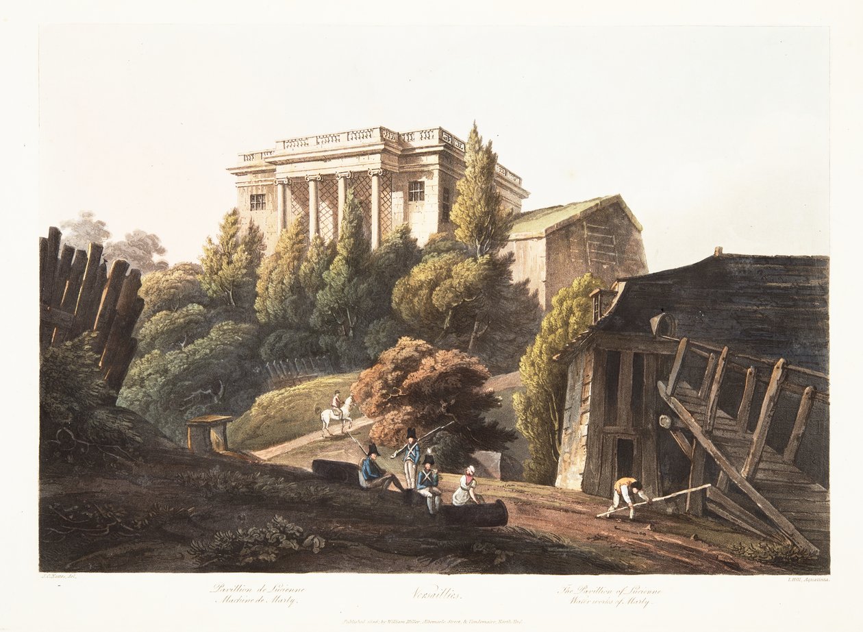 Versailles, Le Pavillon de Lucienne, Les Fontaines de Marly, illustration de Versailles, Paris et Saint Denis, pub. 1806 - John Claude Nattes