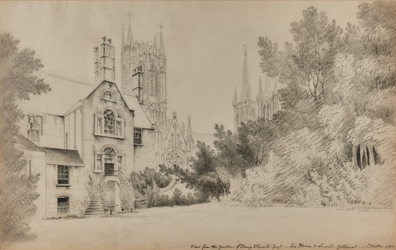 Vue du jardin de Henry Thorold, Esq., sa maison et la cathédrale de Lincoln - John Claude Nattes