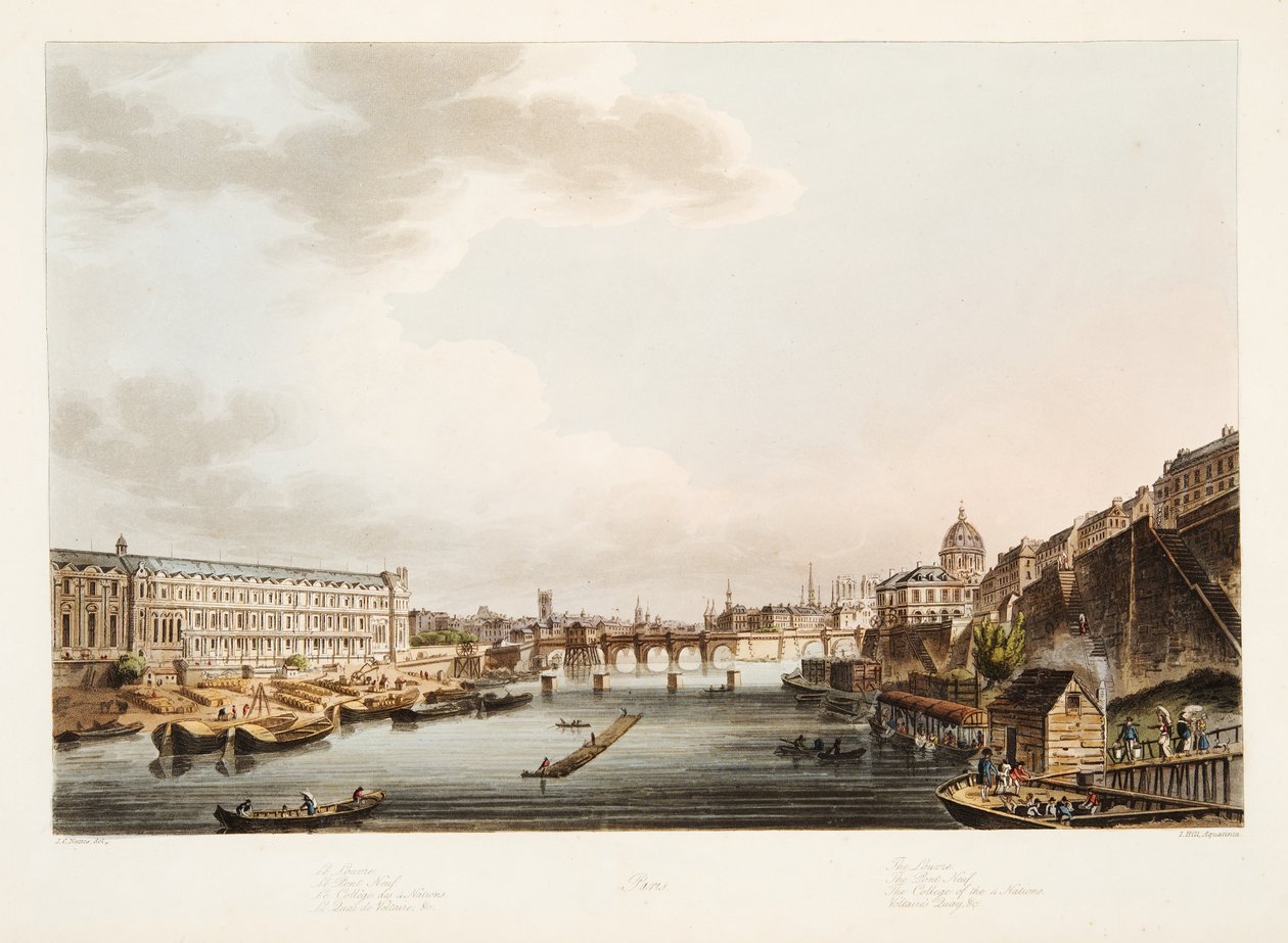 Le Louvre; Le Pont Neuf; Le Collège des 4 Nations; Quai de Voltaire, illustration de Versailles, Paris et Saint Denis, pub. 1805 - John Claude after Nattes