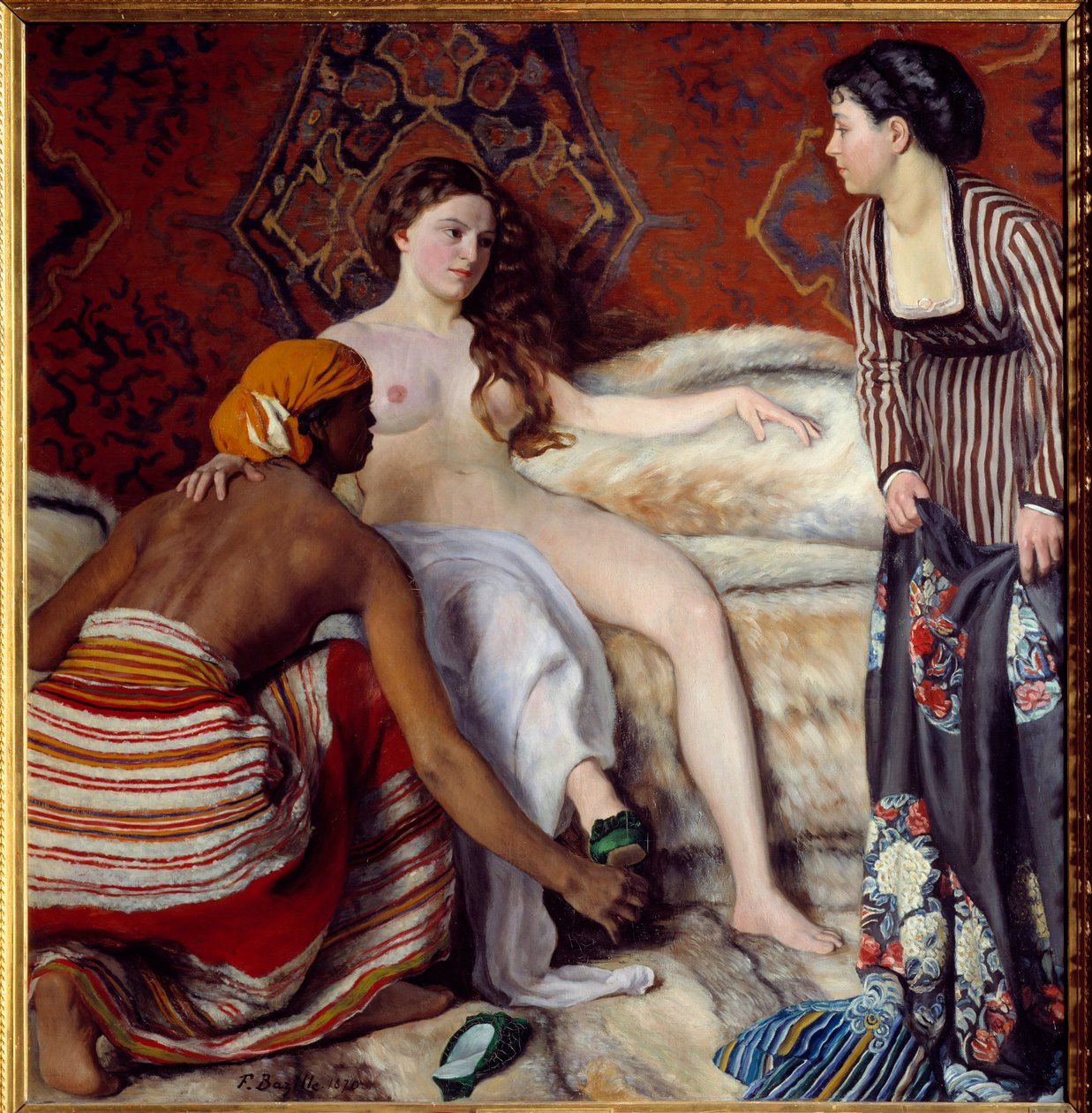 Orientalisme : La toilette. Une jeune femme blanche assistée de ses deux servantes fait sa toilette. Peinture par Frédéric Bazille 1869 Montpellier, Musée Fabre - John Clayton Adams