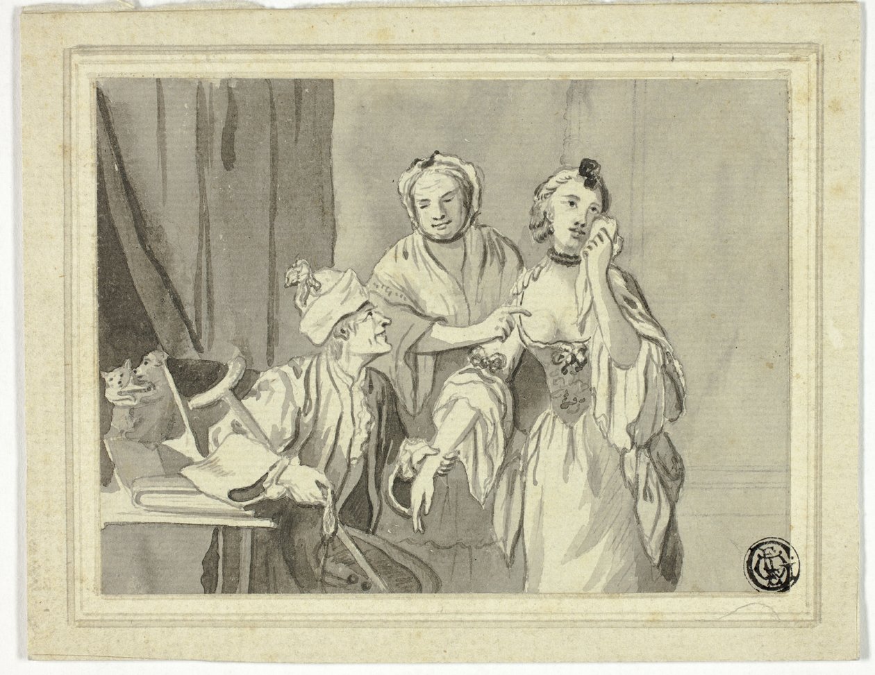 Illustration littéraire : Vieil homme détenant une jeune femme, qui est accompagnée d