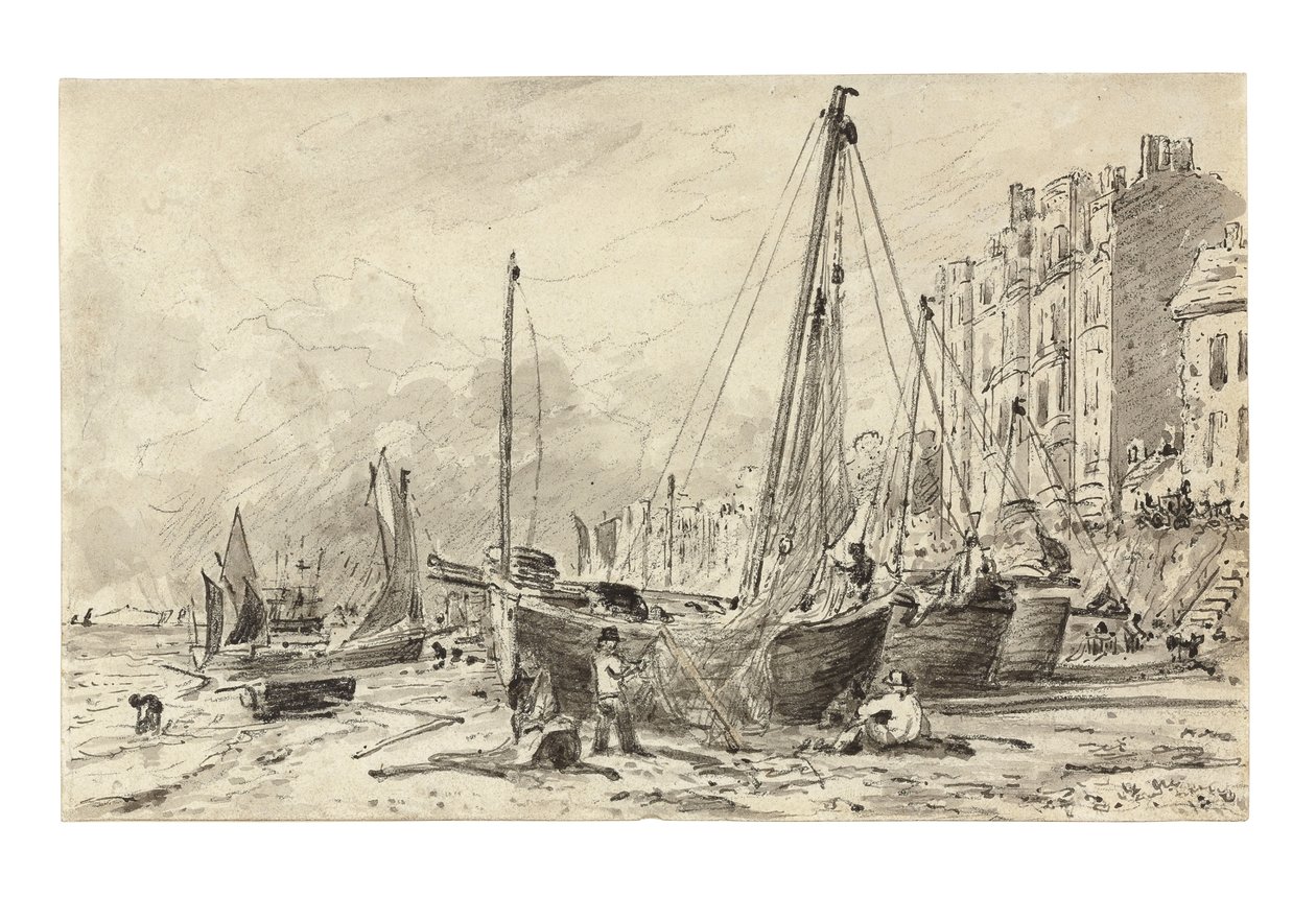 Bateaux de pêche échoués avec des pêcheurs réparant des filets sur la plage à Brighton, regardant vers l