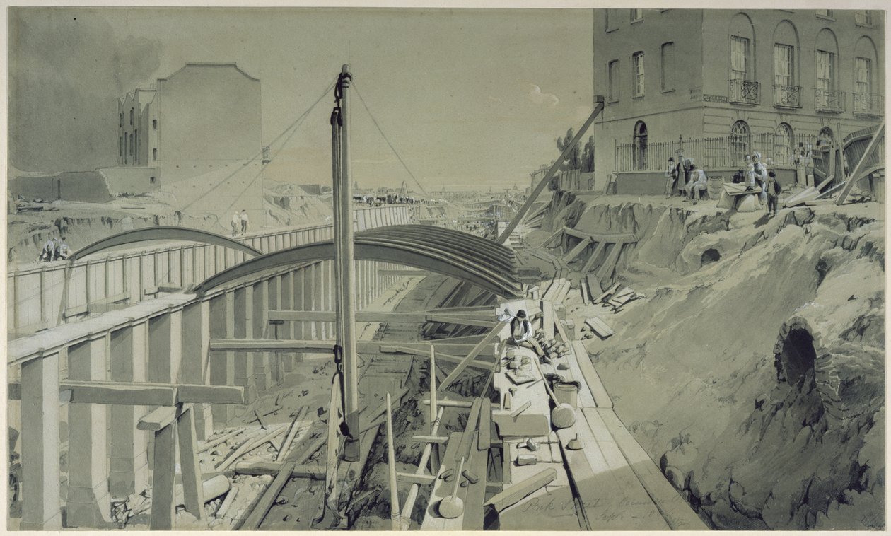 Construction des murs de soutènement à Park Street, Camden Town, septembre 1836 - John Cooke Bourne