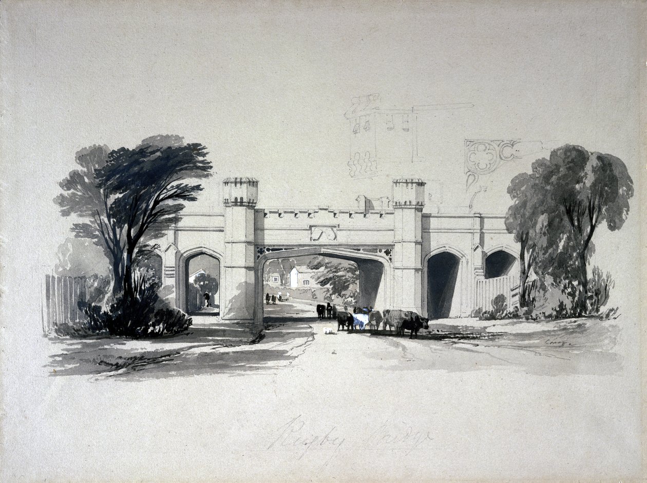 Ponts ferroviaires de Rugby vus de la route, Warwickshire, avril 1839 - John Cooke Bourne