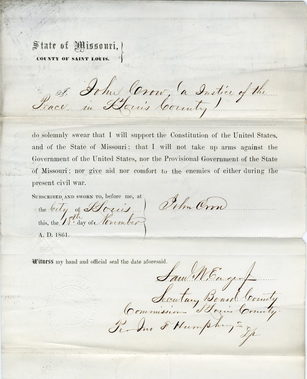 Serment de loyauté de John Crow du Missouri, comté de St. Louis - John Crow