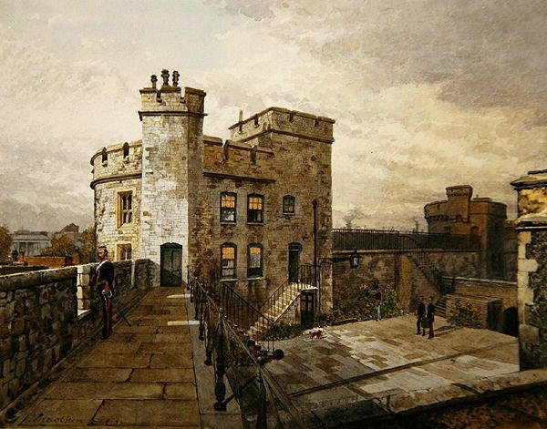 Vue de la tour Devereux, Tour de Londres, avec des personnages en vêtements militaires - John Crowther