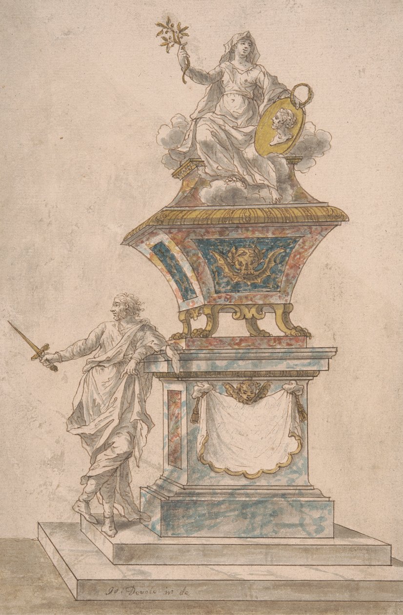 Monument : La paix assise sur une urne, un homme avec une épée dégainée ...
