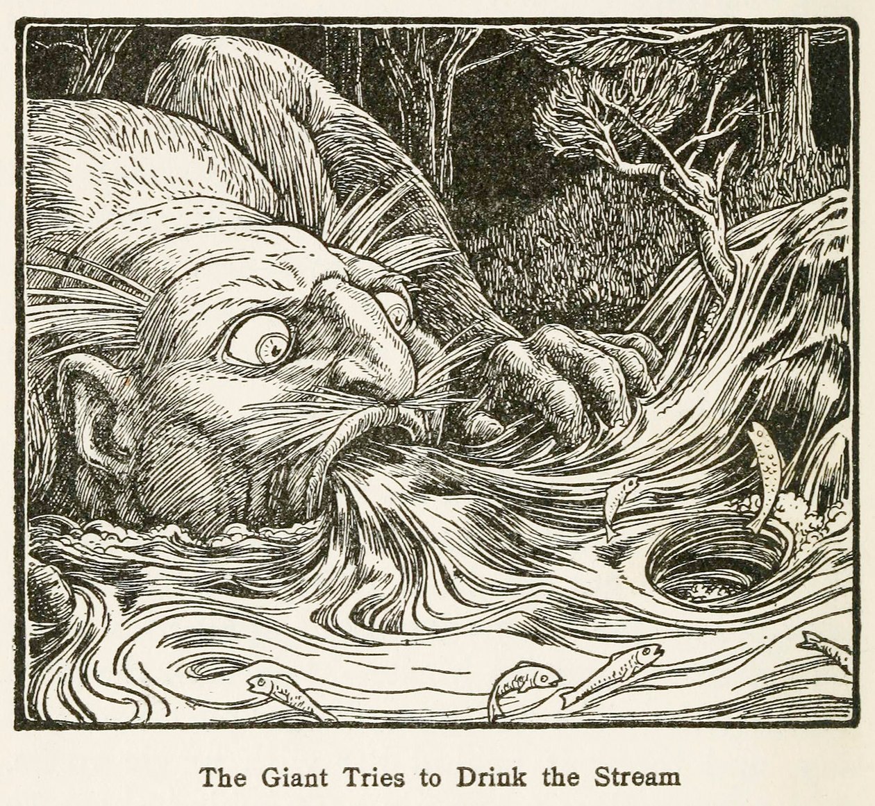 Le Géant essaie de boire le ruisseau, du livre de contes d