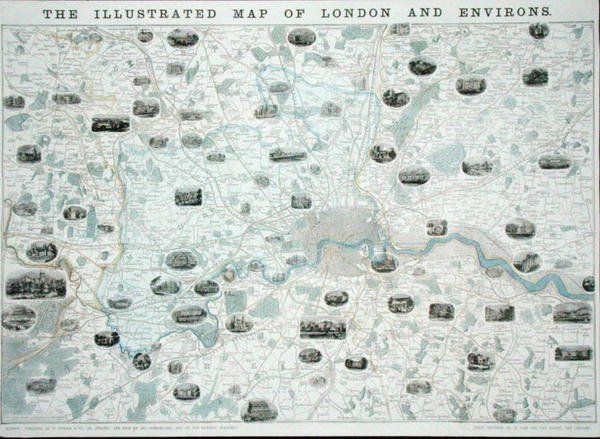 Carte illustrée de Londres et de ses environs, vers 1845-55 (lithographie en couleur) - John Dower