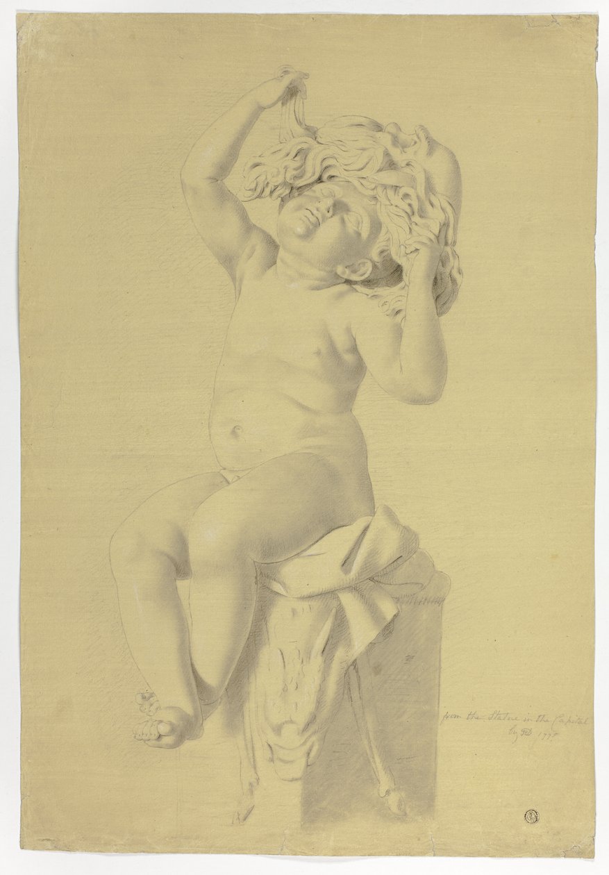 Statue antique de putto assis tenant un masque de Silène - John Downman