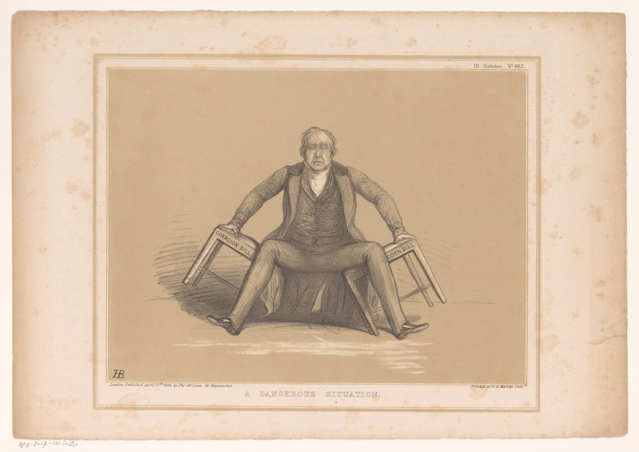 Caricature de Robert Peel tombant entre deux chaises - John Doyle