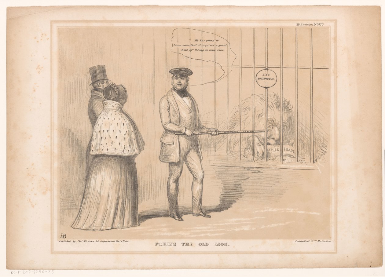 Caricature de la reine Victoria près de la cage aux lions