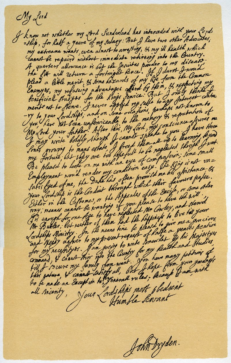 Lettre de John Dryden à Laurence Hyde, vers 1682-1683 - John Dryden