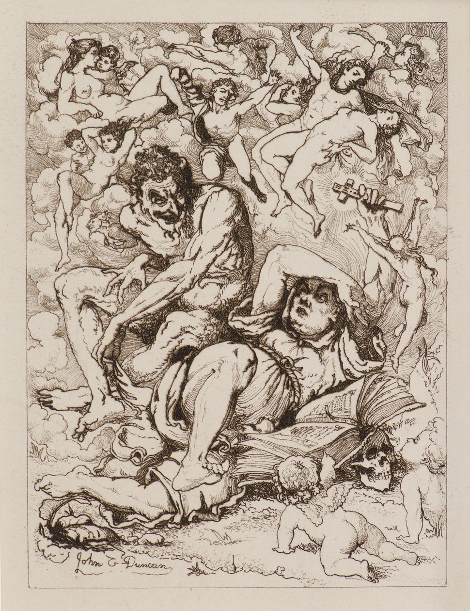 Figure allongée tenant une croix, le diable assis à proximité entouré de figures flottantes - John Duncan