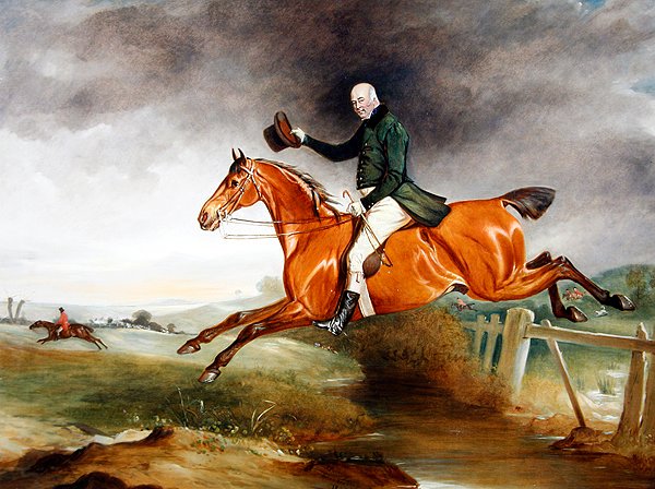 Portrait de George Marriott sur son cheval bai franchissant une clôture avec une chasse au-delà - John E. Ferneley