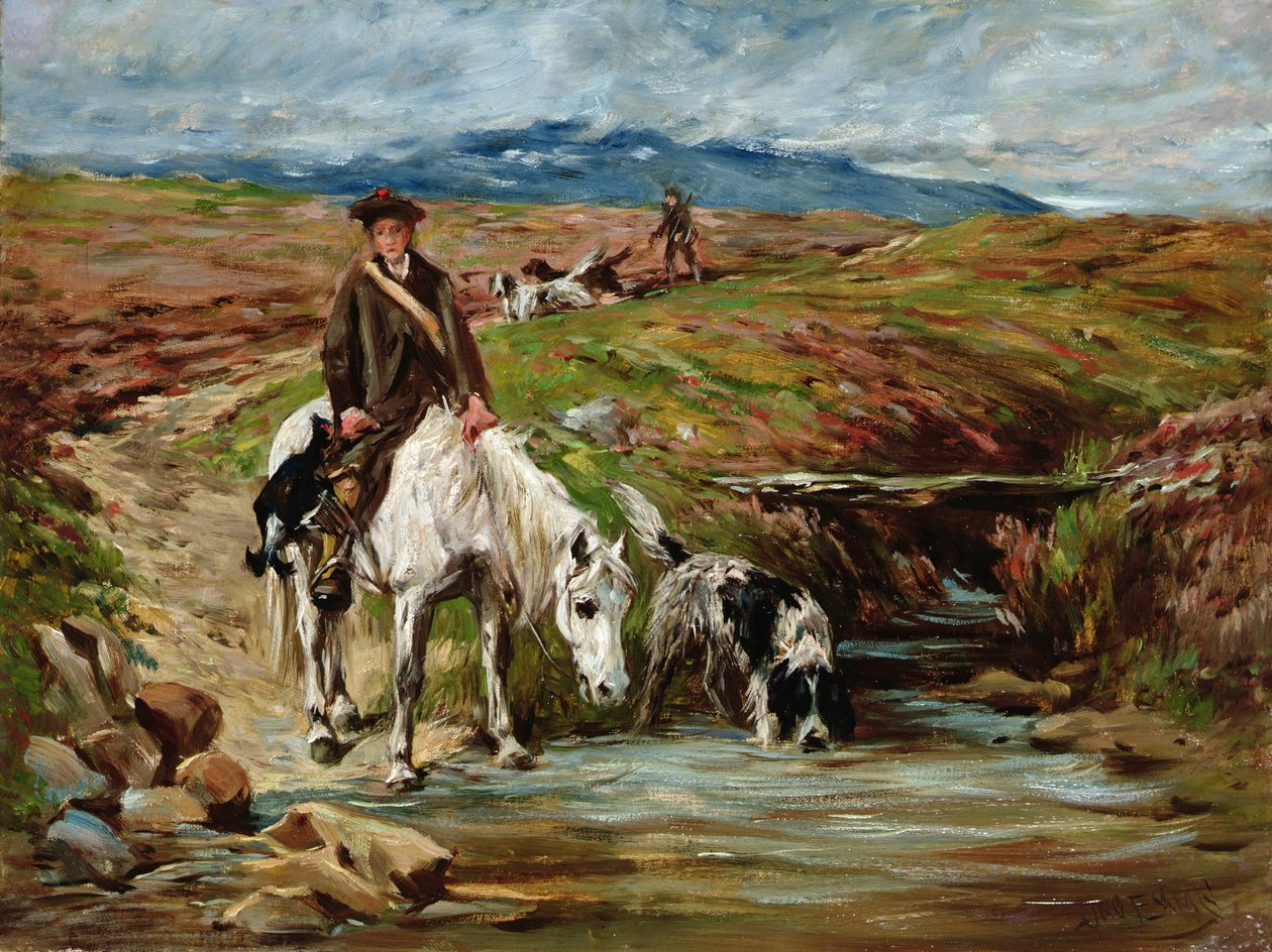 Cheval et épagneul buvant à un ruisseau - John Emms