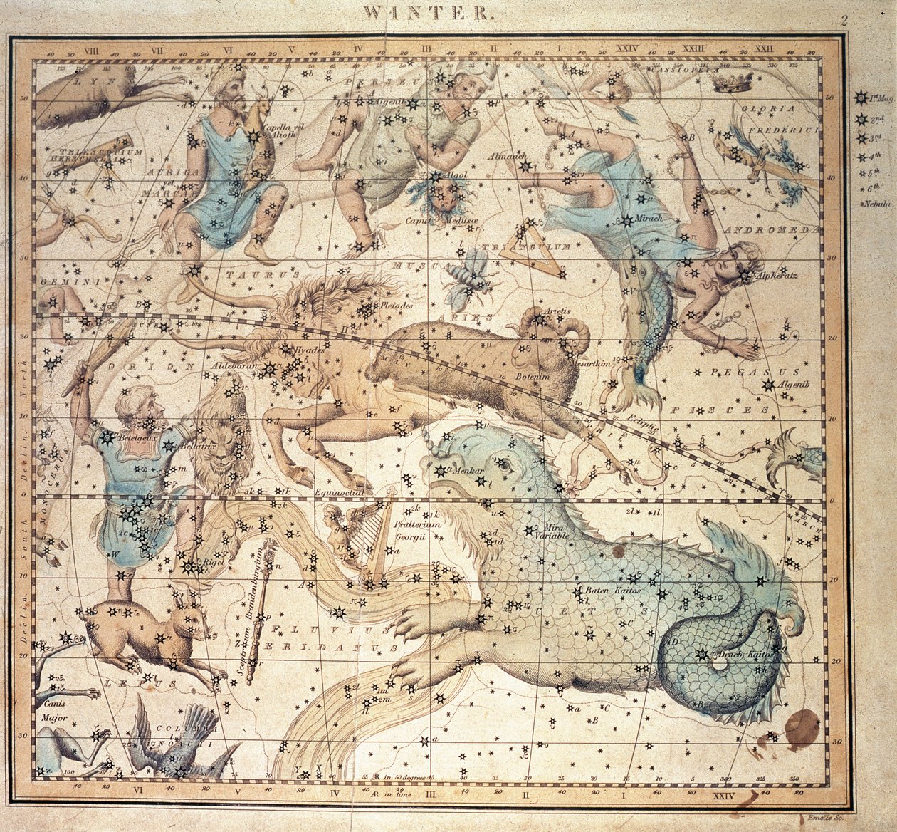 Carte céleste : Hiver, montrant les signes du zodiaque et les positions des étoiles (gravure) - John Emslie