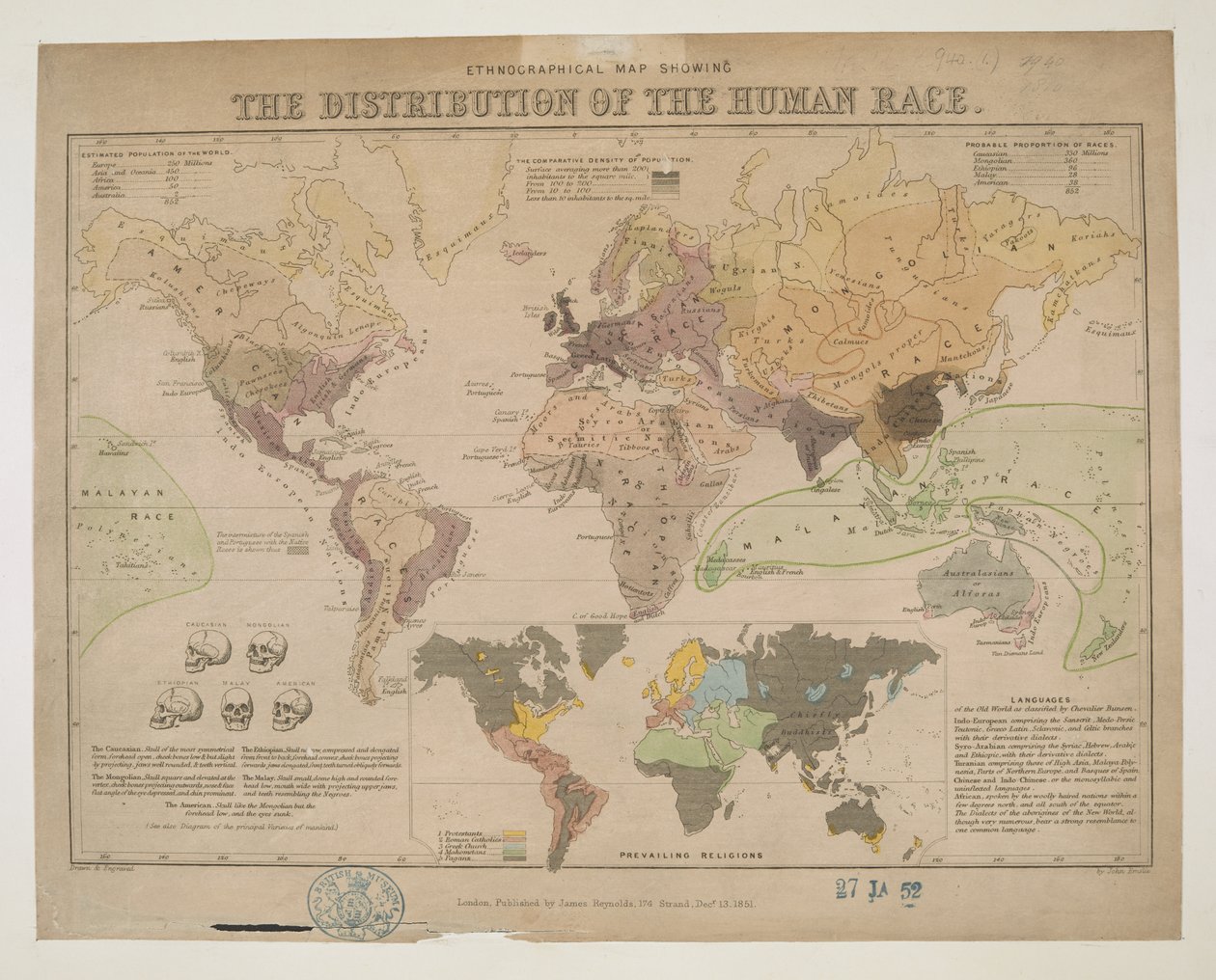 Carte ethnographique, montrant la distribution de la race humaine - John Emslie