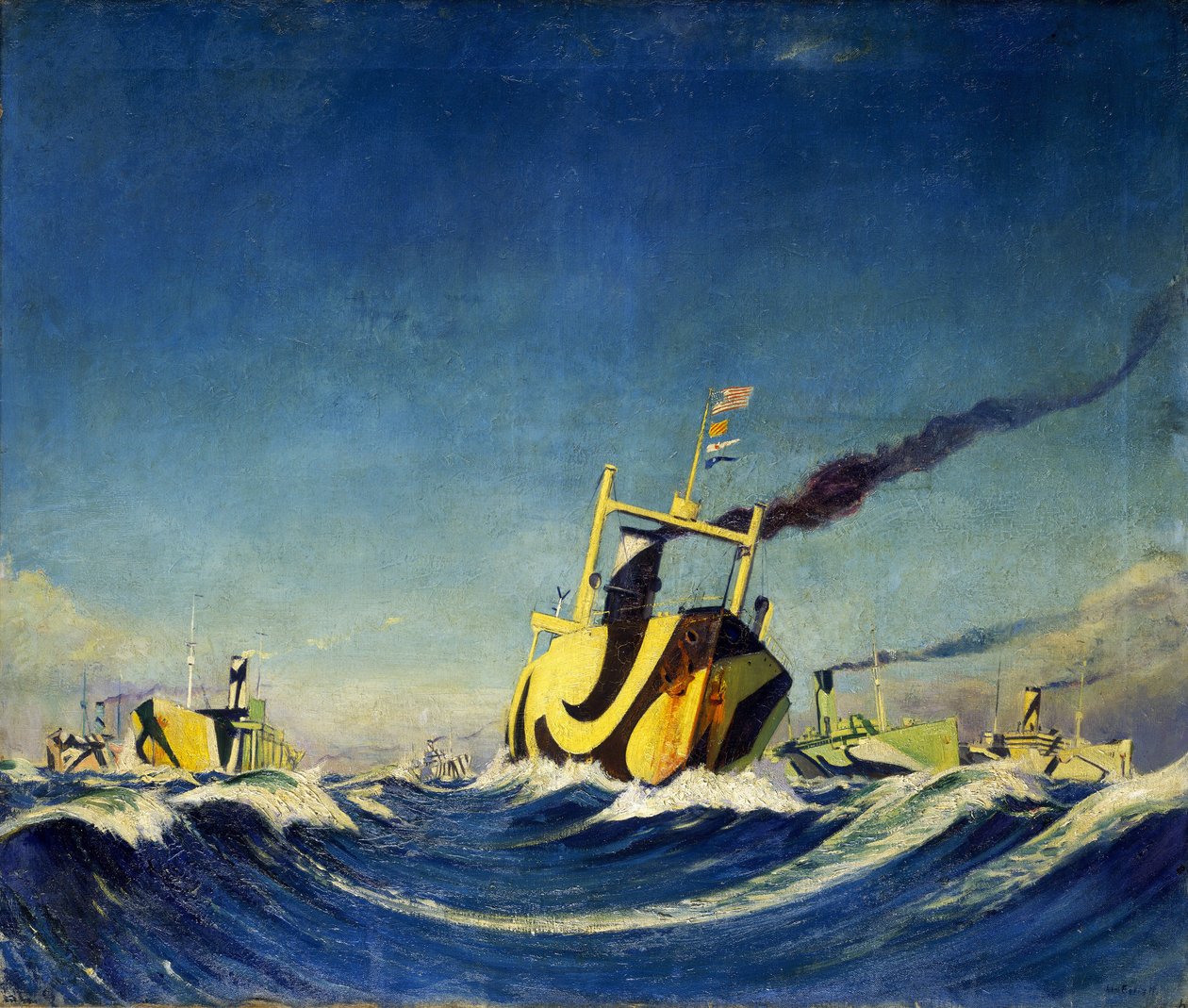 Un convoi de navires dont la coque est couverte de motifs utilisés pour le camouflage pendant la Première Guerre mondiale - John Everett