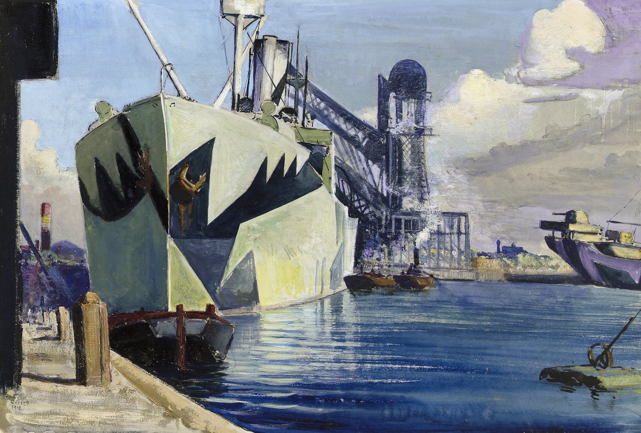Dock Canada à Liverpool, avec un navire de guerre ancré, peint avec un camouflage coloré - John Everett