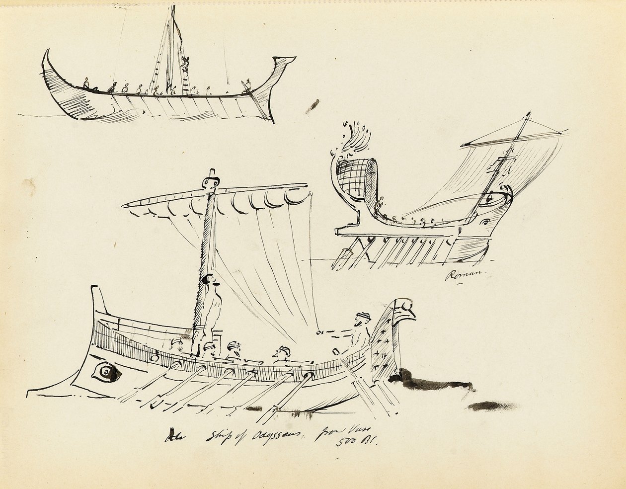 Croquis de premiers navires, y compris un navire à voile et à rames romain et le navire d