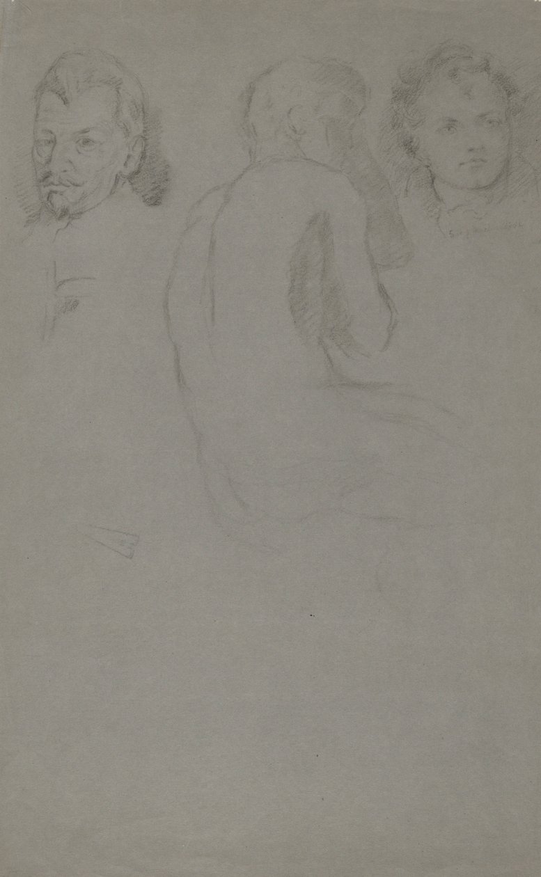 Deux études de portrait et un nu masculin, assis - John Ferguson Weir