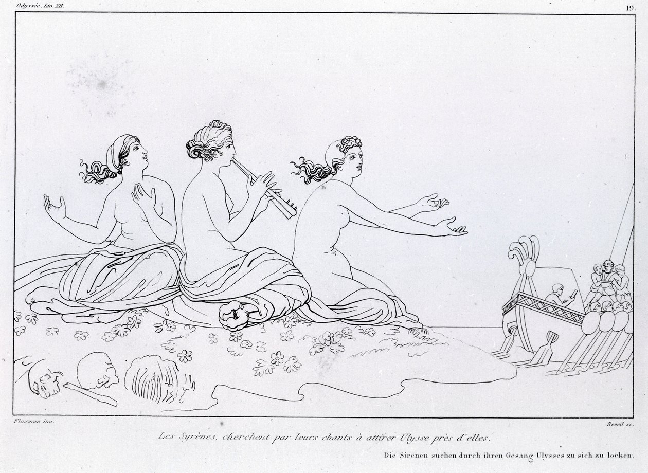 Les sirènes cherchent par leur chant à attirer Ulysse. Dessin de John Flaxman (1755 - 1826). L