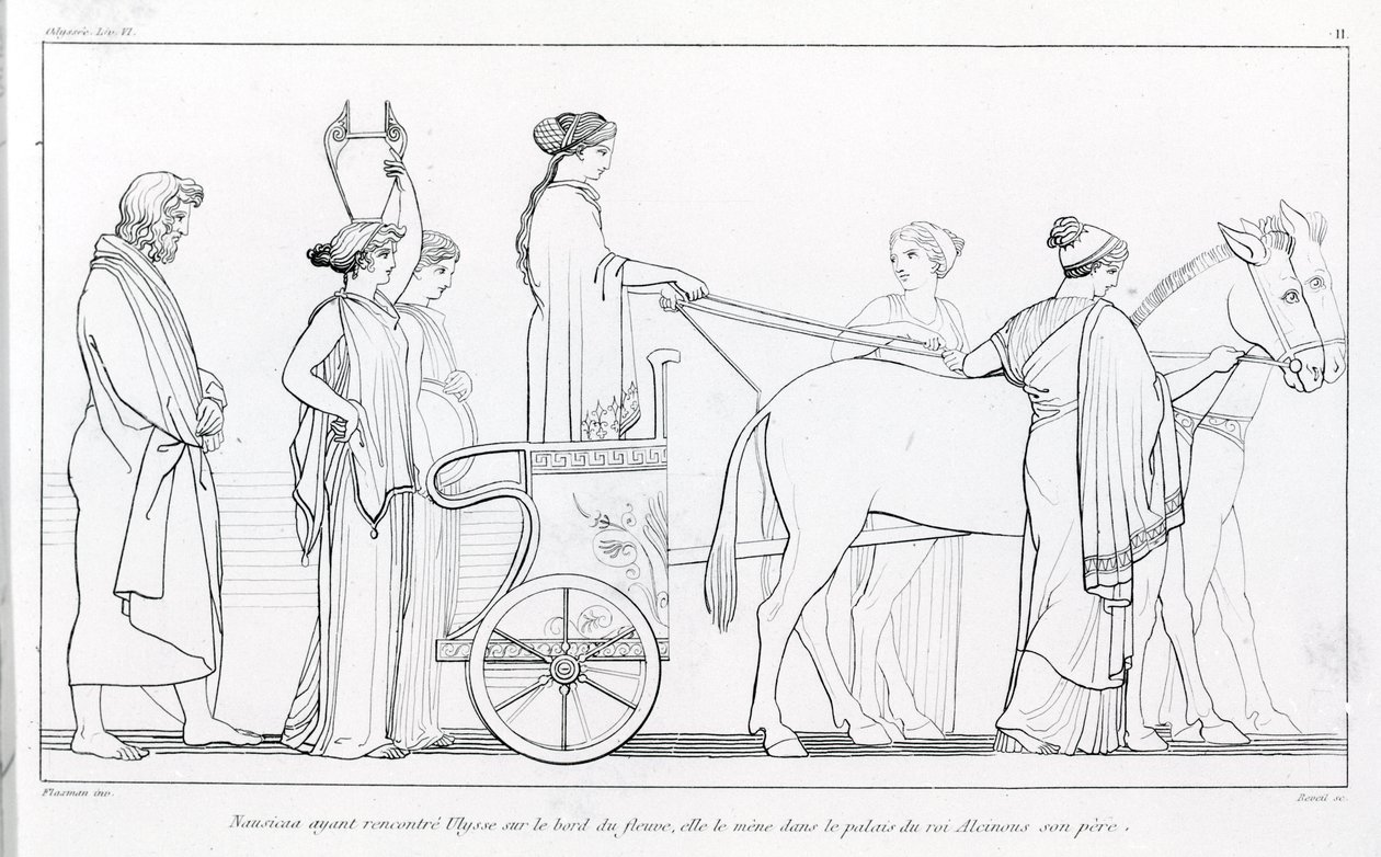 Nausicaa, qui vient de rencontrer Ulysse, le ramène au palais de son père, le roi Alkinoos. Dessin de John Flaxman (1755 - 1826). L