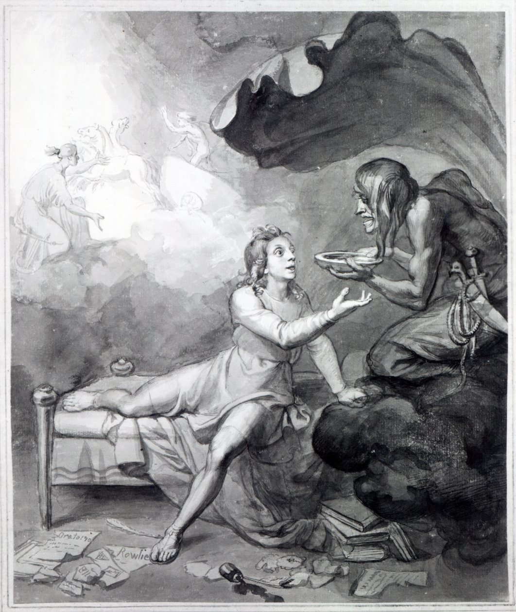 Thomas Chatterton reçoit un bol de poison de Désespoir (plume, encre et lavis sur papier) - John Flaxman