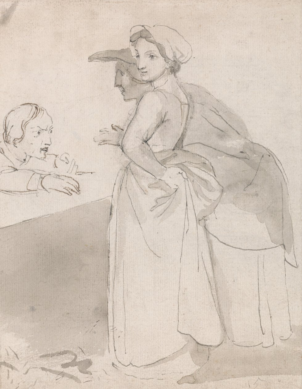 Deux femmes parlant à un homme à un comptoir - John Flaxman