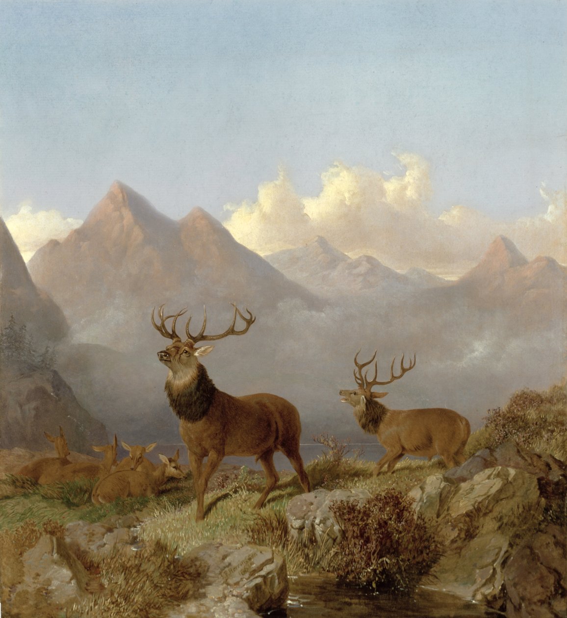 (détail) Cerfs et biches dans un paysage de montagne, 1864 - John Frederick Herring Junior